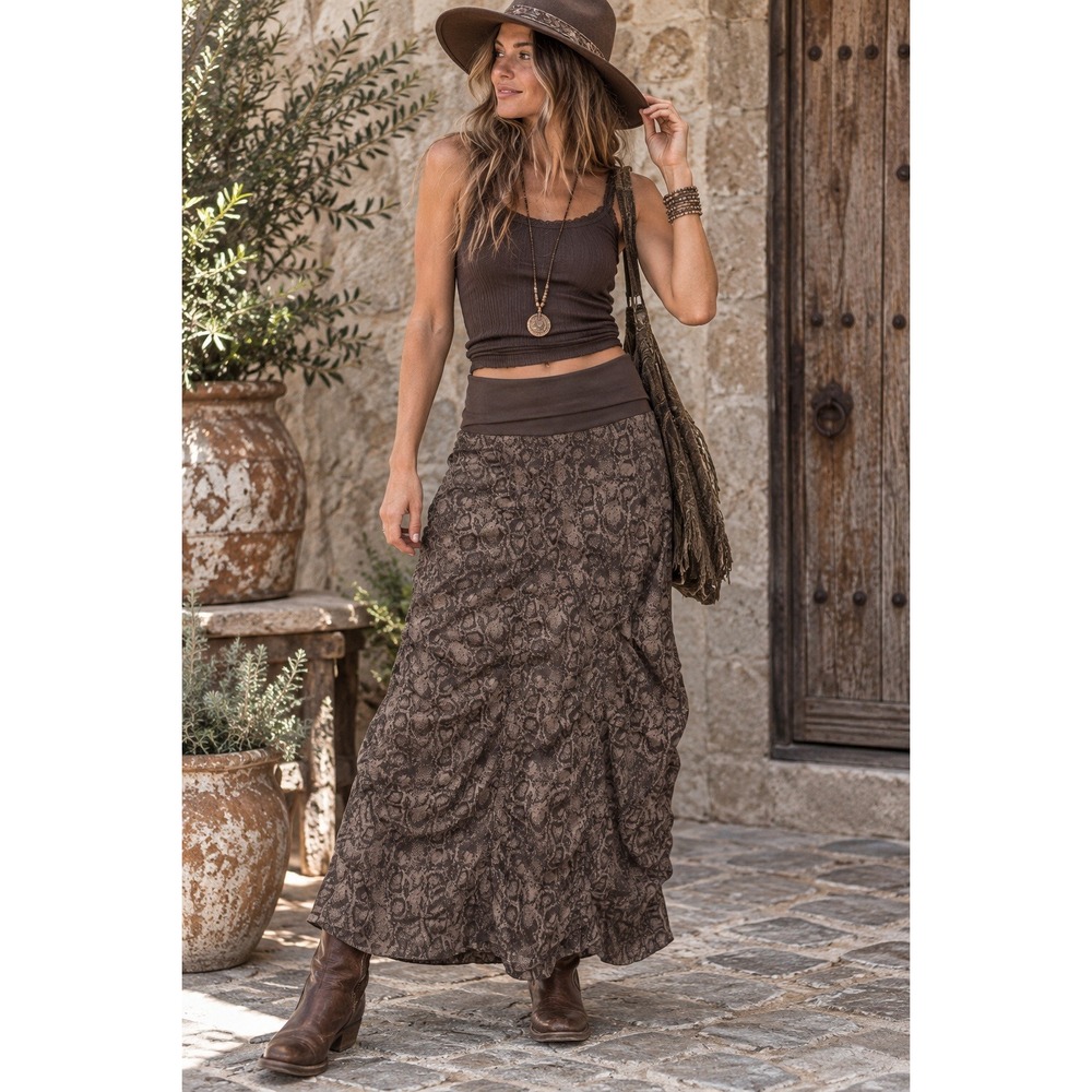 XCVI Womens Brown Snakeskin Ruched Crinkle Maxi Skirt L Lagenlook Boho Art Y2K